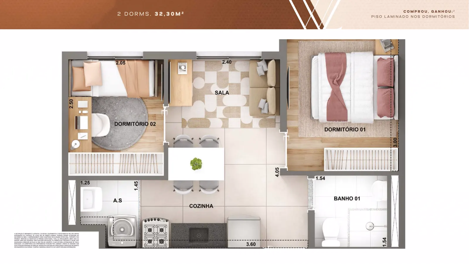 Planta de 32,30 m² com dois dormitórios