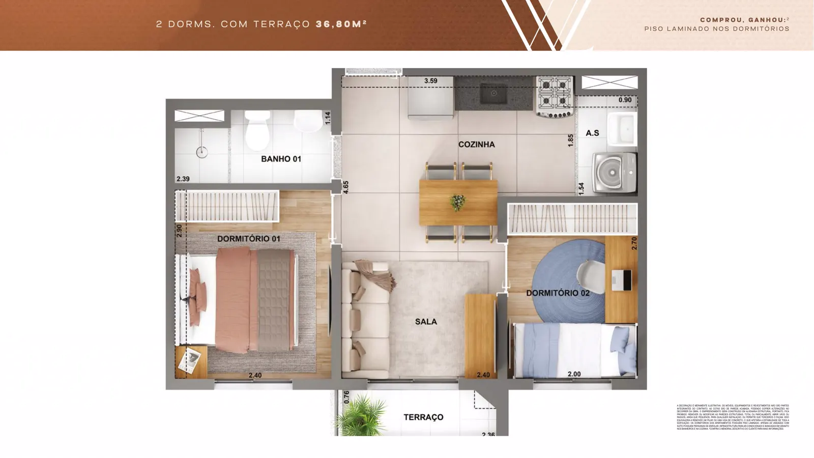 Planta de 36,80 m² com dois dormitórios e terraço