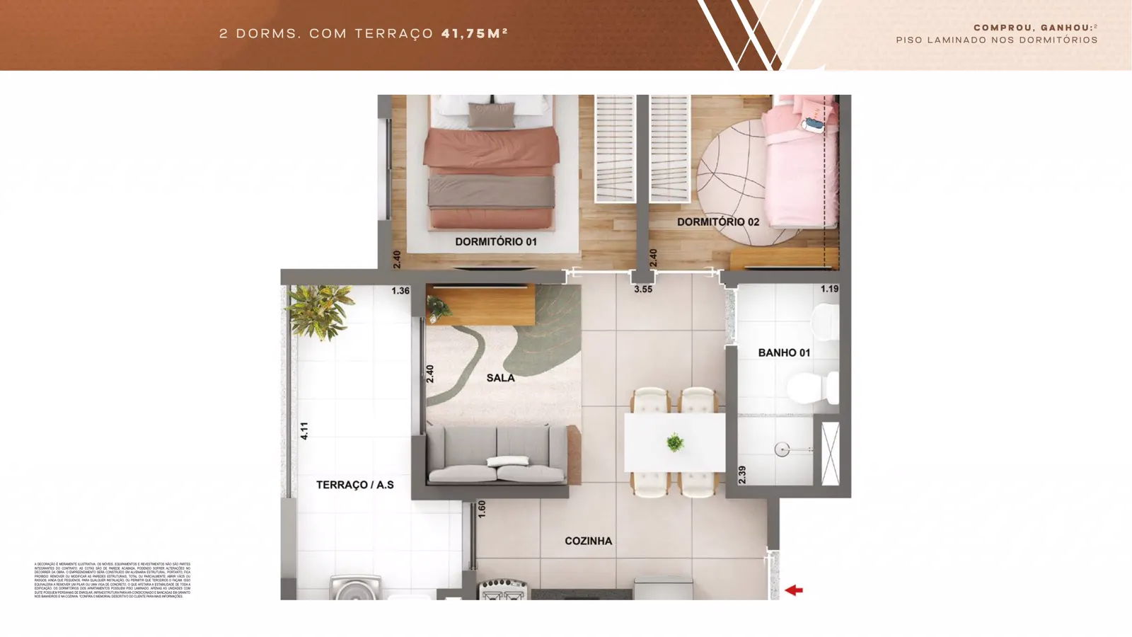 Planta de 41,75 m² com dois dormitórios e terraço