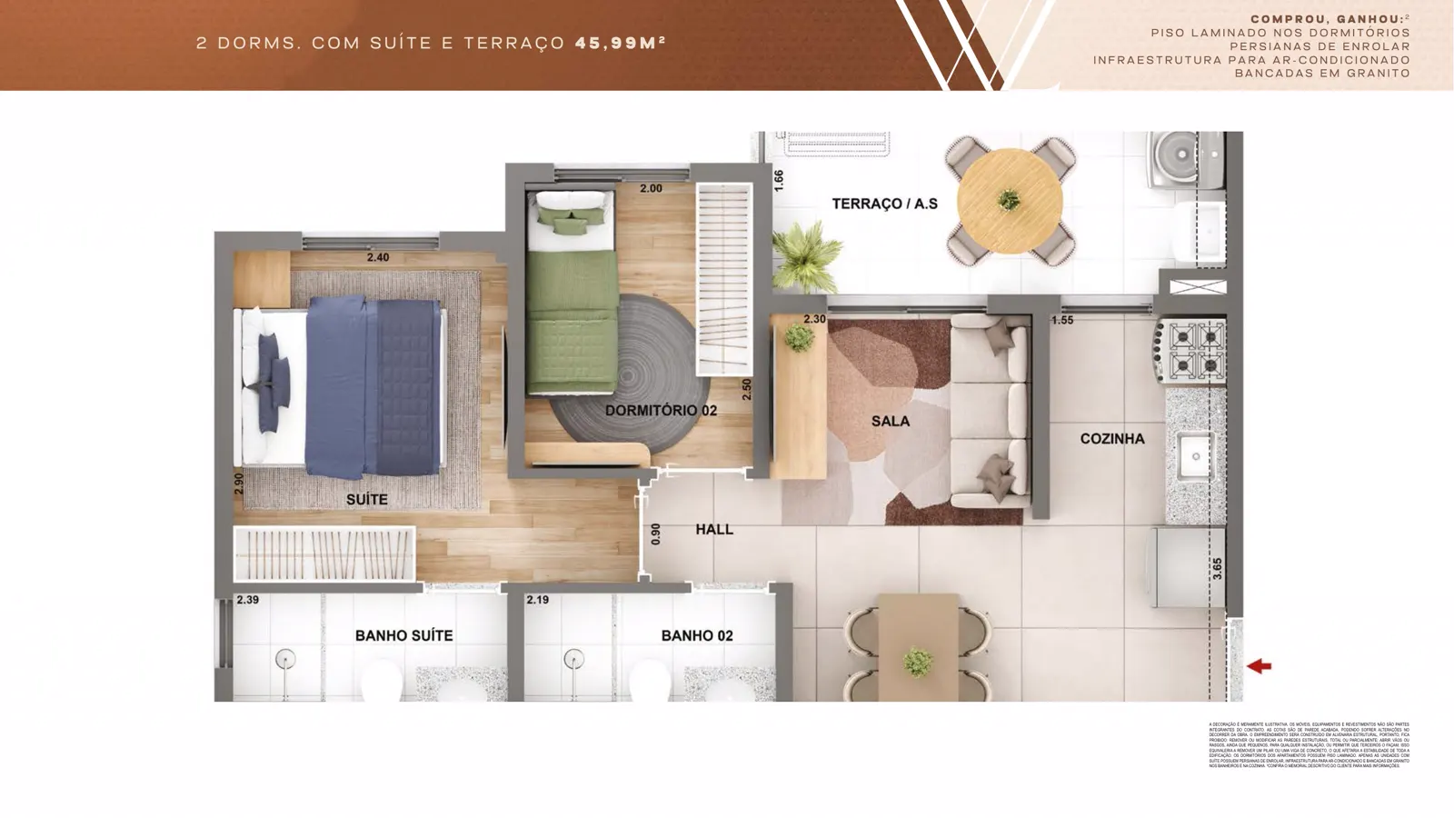 Planta de 45,99 m² com suíte e terraço